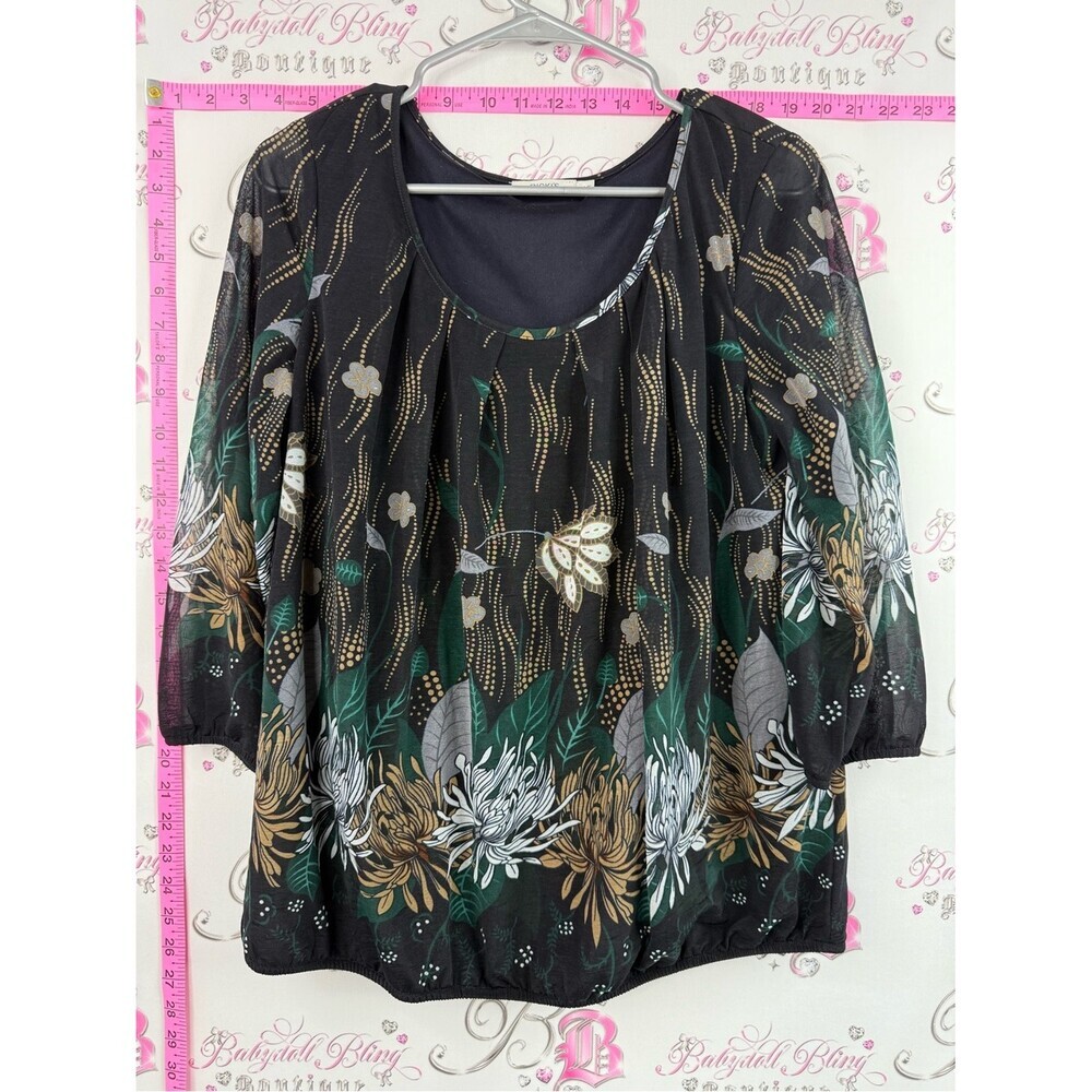 Ricki's shirt long sleeve Black Floral Scoop Neck Blouse with Green and Gold